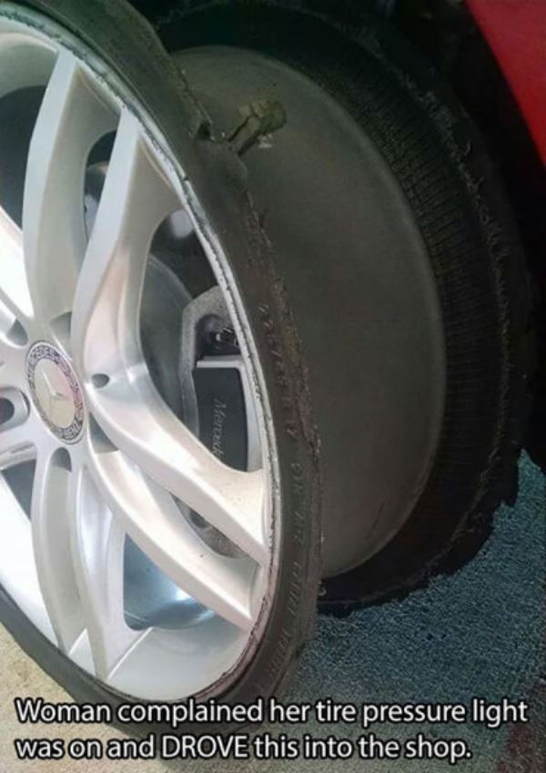 This woman pulled into a repair shop saying that her low tire pressure light was on.