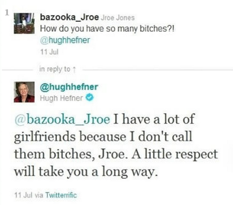 Twitter user asks Hugh Hefner how he has so many bitches and he responds with some great advice.