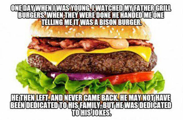 Dad gives his son a bison burger...