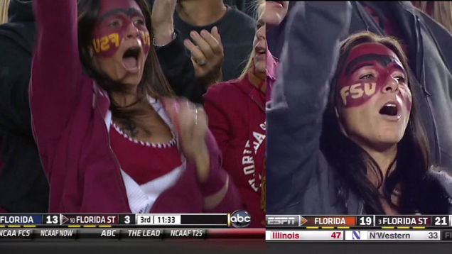 Woman at a Florida State Seminoles football game has figured out how to paint her face using a mirror 2 years later.