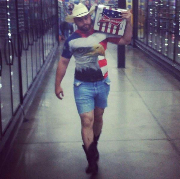 Dressed in a patriotic outfit to buy Budweiser beer from a foreign company.