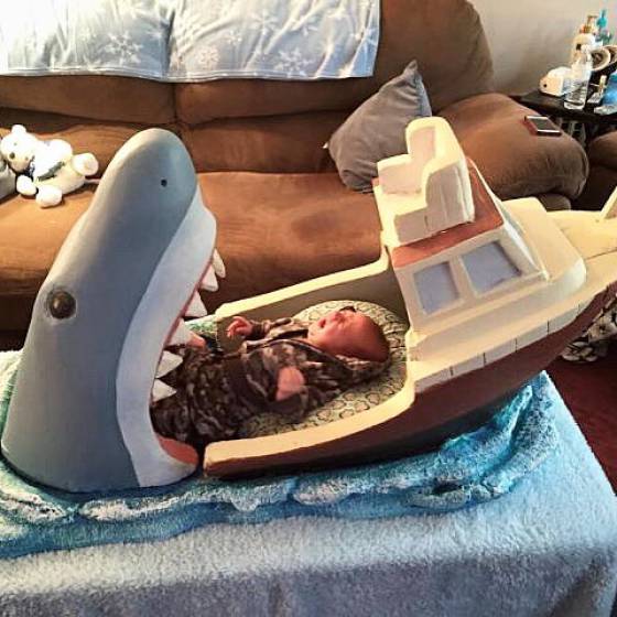 Baby crib for fans of the movie 'Jaws'.