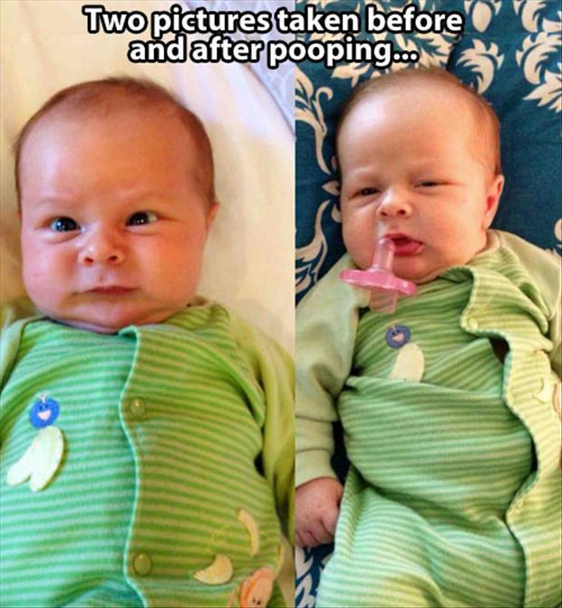 Before and after pictures of a baby pooping.