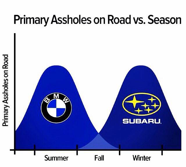 Primary assholes on road vs. season. BMW and Subaru drivers rule this one.