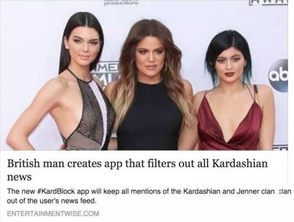 British man creates 'KardBlock' app that filters out all Kardashian news.