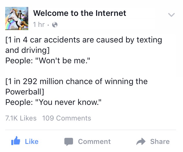 Car accident caused by texting vs. Winning the Powerball jackpot