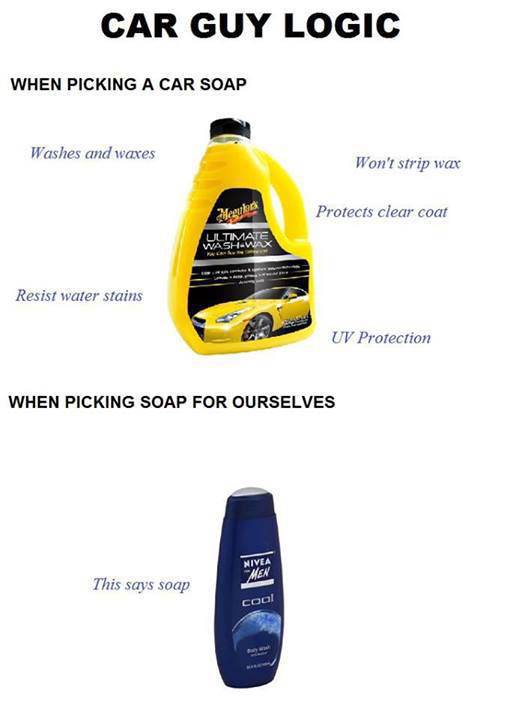 Car guy logic: Buying soap for his car vs. soap for himself.