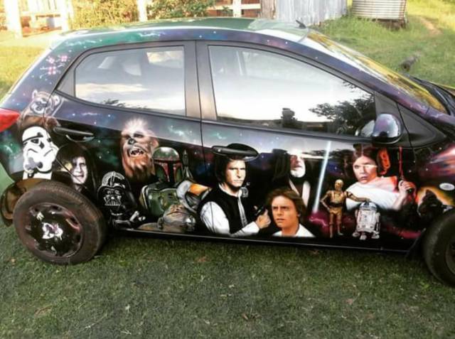 Car with airbrushed Star Wars mural is a total chick magnet.