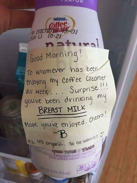 Coffee creamer thief gets a surprise.