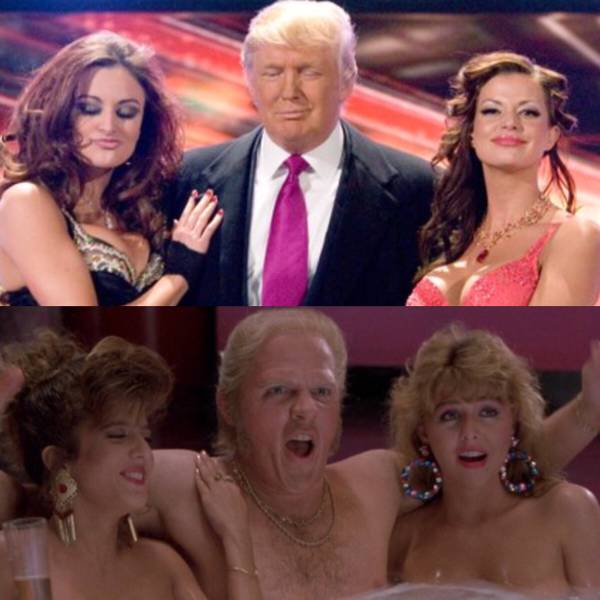 Donald Trump and Biff Tannen hanging with the babes.