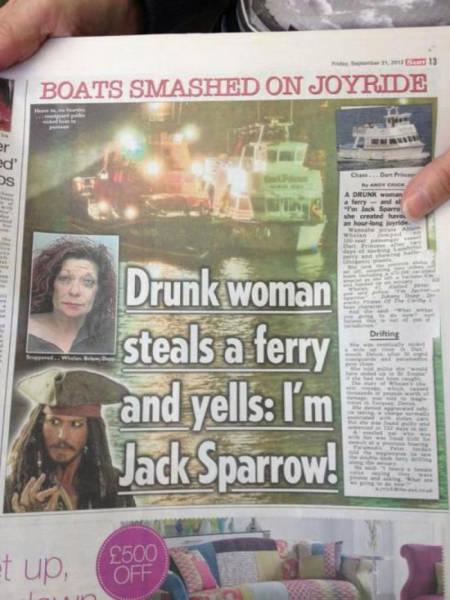 Drunk woman steals a ferry boat and yells, 'I'm Jack Sparrow.'