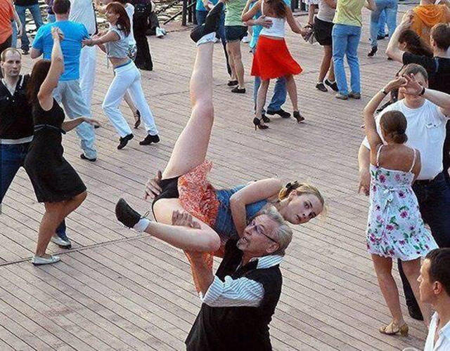Grandpa shows off his 'dirty dancing' skills.