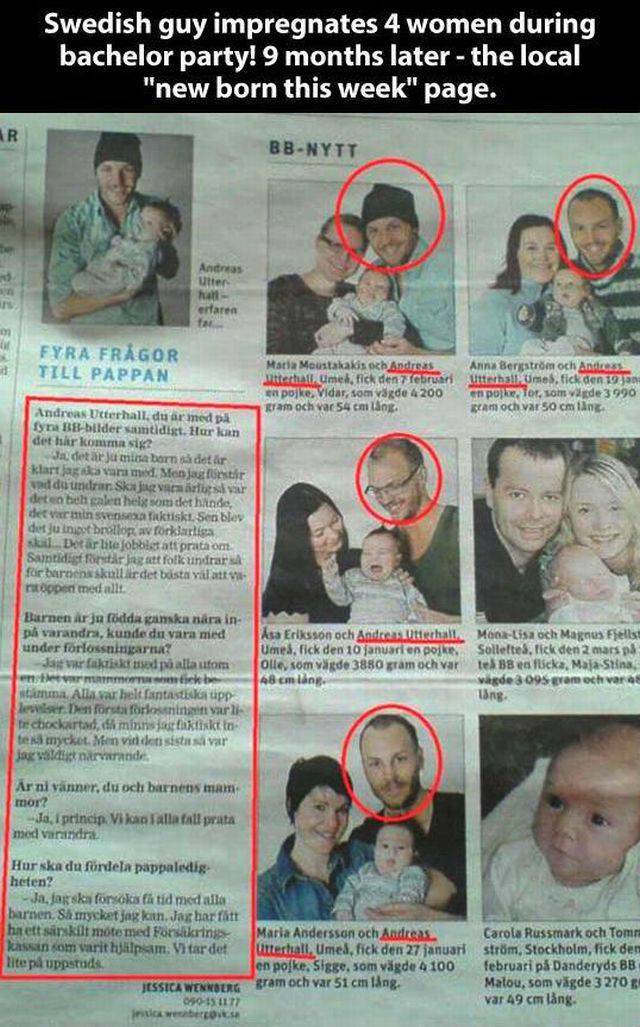 Guy knocks up four different women on the same night at a bachelor party.