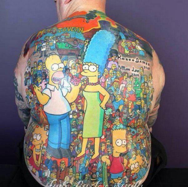 I'm guessing this guy covered in back tattoos is a fan of 'The Simpsons.'