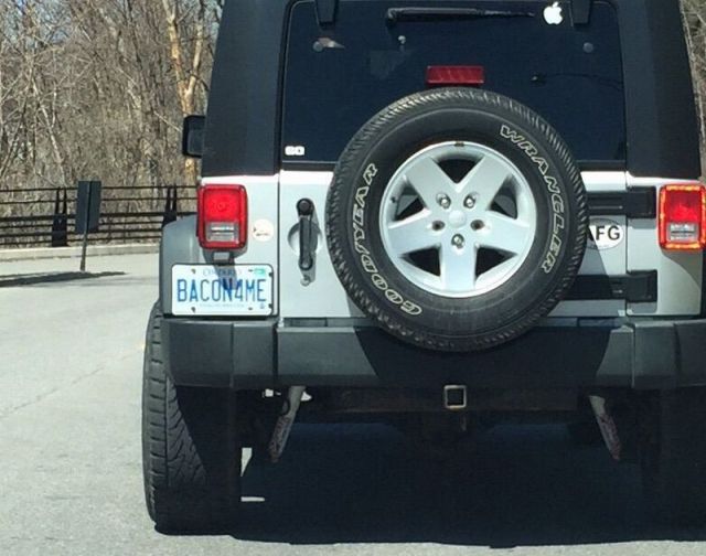 It is safe to assume the driver of this Jeep likes bacon.