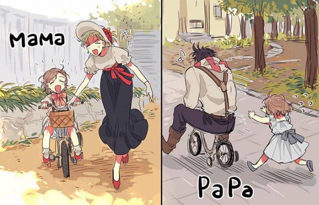 Mama vs. Papa: Teaching your kid how to ride a bike.