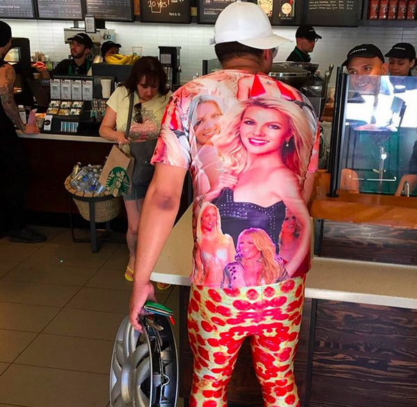 Not sure what is going on here but we can assume he is a fan of Britney Spears.