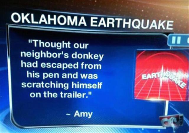 Oklahoma earthquake blamed on a donkey.