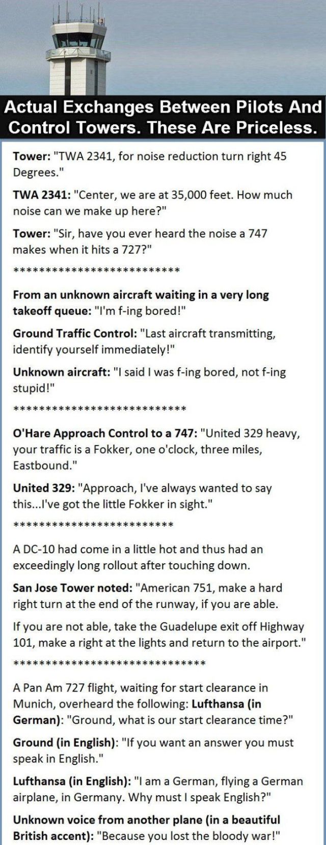 Real funny conversations between pilots and control towers.