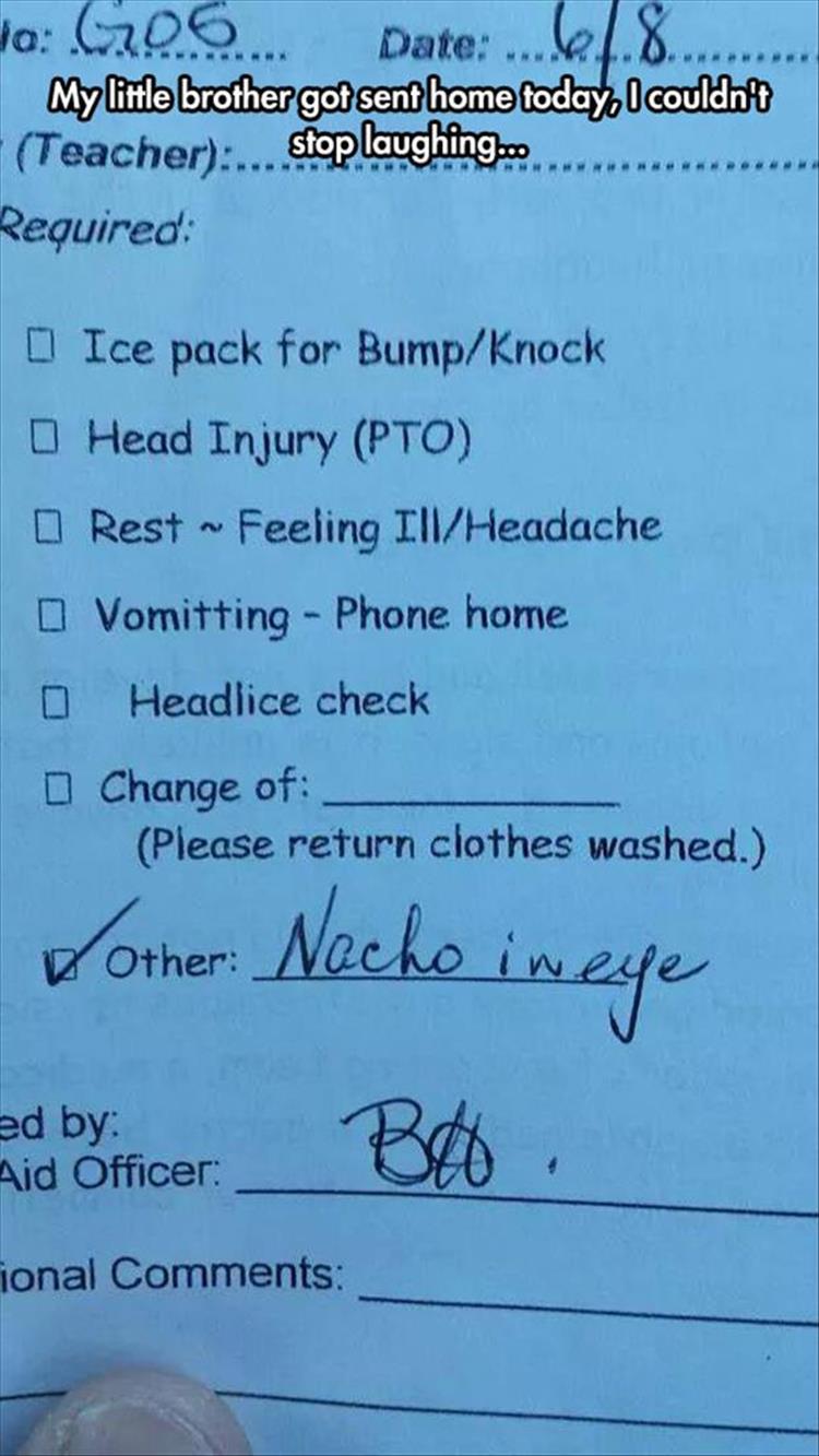 Sent home from school after suffering a terrible injury.