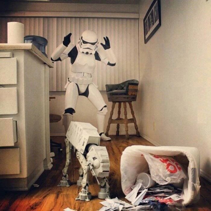 Storm Trooper is upset his AT-AT walker got in the trash again. 