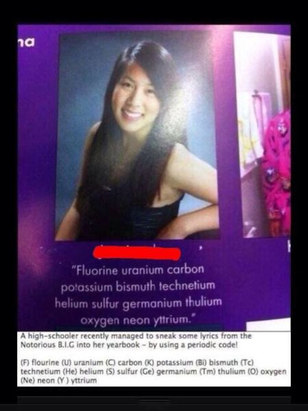 Girl sneaks one by the yearbook editors with some periodic table turned Notorious B.I.G. lyrics. 