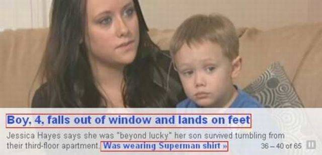 Boy falls from a three-story window, lands on his feet and is not hurt thanks to Superman.