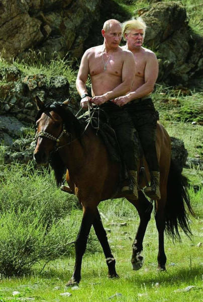 Topless Vladimir Putin and Donald Trump riding a horse.