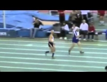 A pair of 90+ year old athletes race in the 100 meter dash.