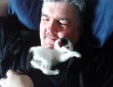 This cute little kitten seems to be obsessed with this guys face