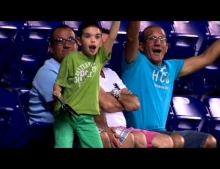 Kid sees himself on the fan cam at a Miami Marlins game so decides to show off his dance moves.