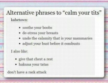 Alternative phrases to 'calm your tits'.