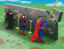Batman, Spider-Man and Superman in a pissing contest.