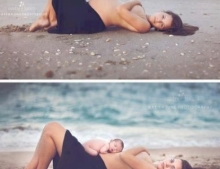 Woman poses in the exact same spot on the beach before and after giving birth to her child.