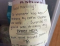 Coffee creamer thief gets a surprise.