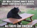 Gay, white, black, racist, confederate flag wavers, or anyone else makes no difference to a bear.