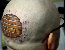 Killer head tattoo shows this mans brain is protected by a brick wall.