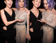 Miley Cyrus and Katy Perry comparing boobs at the 2015 Grammy Awards.