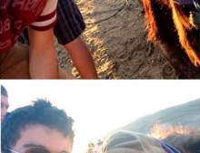Multiple selfies with a camel while doing the same facial expressions.