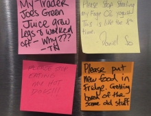 Sticky notes on the community fridge at the office are always good for a laugh.