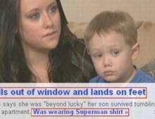 Boy falls from a three-story window, lands on his feet and is not hurt thanks to Superman.