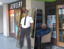 This Security Guard has figured out how to sleep on the job while still intimidating any possible thieves.