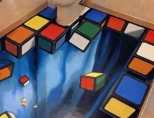 Trippy bathroom floor with falling Rubik's Cube pieces.