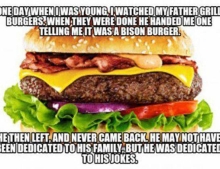 Dad gives his son a bison burger...