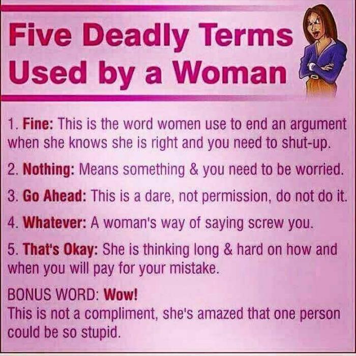 Five deadly terms used by a woman.
