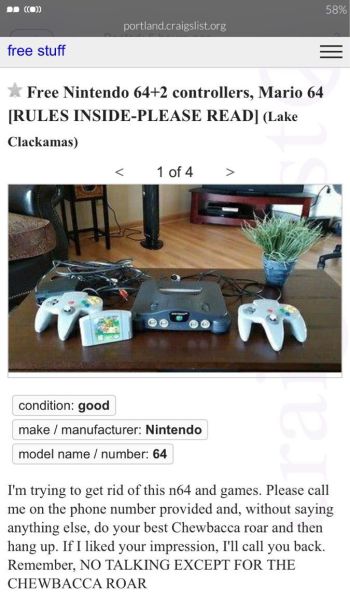 Free Nintendo 64, 2 controllers and Mario 64 game.