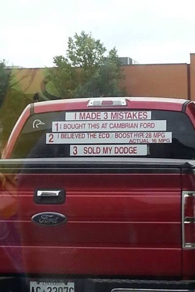 Man shares his three mistakes on the back window of his new Ford truck.