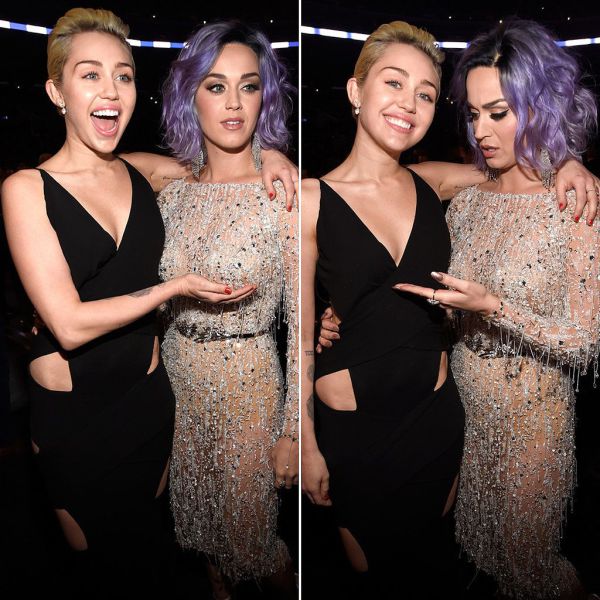Miley Cyrus and Katy Perry comparing boobs at the 2015 Grammy Awards.