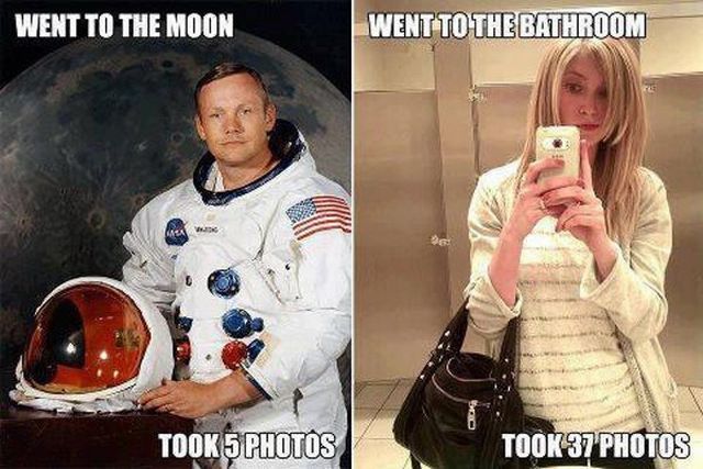 Number of photos taken. Neil Armstrong on the moon vs a selfie addict in the bathroom.