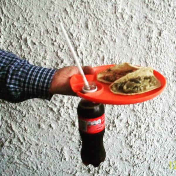 Now you can hold your plate and your drink with one hand leaving a free hand to stuff your face. Genius!